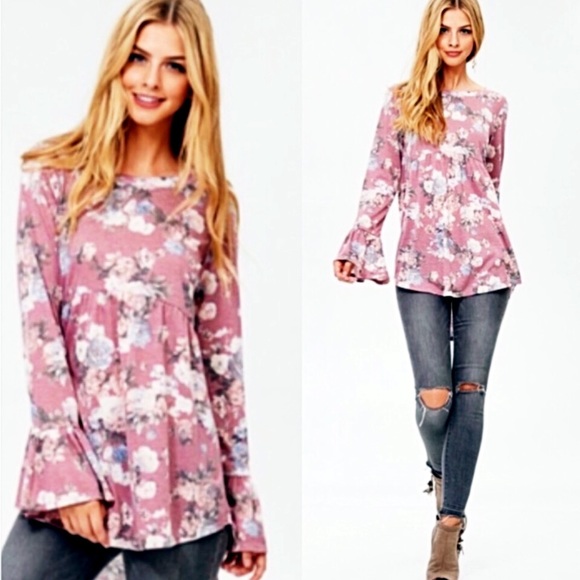 Boho Chic Floral Flowy Stretchy Tunic Top - Picture 2 of 9